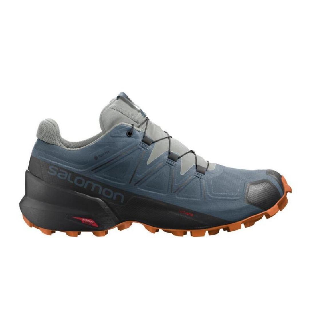 chaussure de marche salomon speedcross 5 gtx pour homme couleur mallard blue/wrought iron/vibrant orange vue de la chaussure droite profil droit avec semelle d'usure contrastante