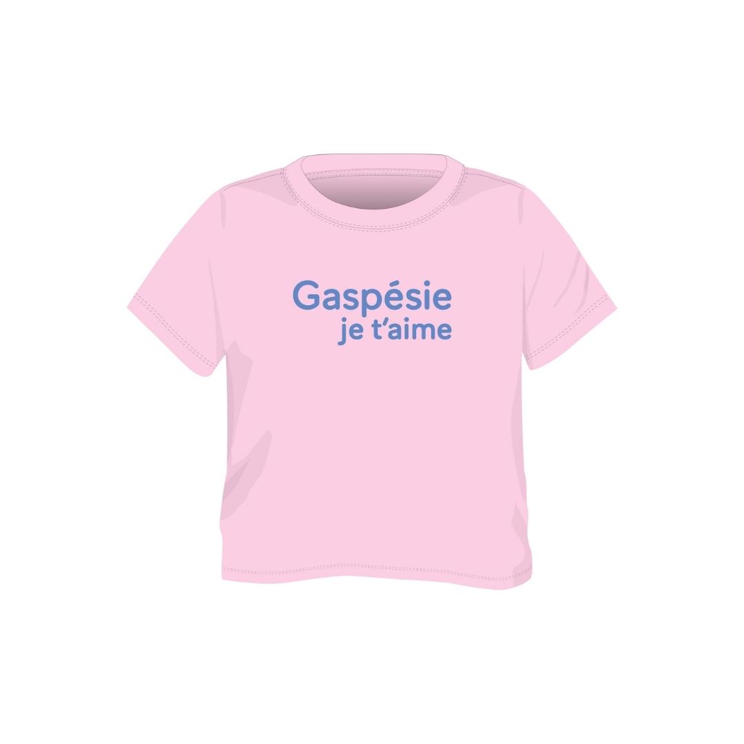 t-shirt gaspésie je t'Aime logo signature pour enfant couleur rose pale chandail à plat vu de face