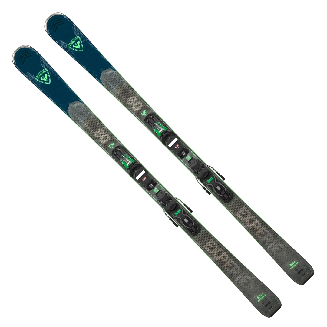 ENSEMBLE DE SKI ALPIN AVEC FIXATION ROSSIGNOL EXPERIENCE 80 CA XPRESS 11 POUR HOMME vu du ski bleu, gris et vert vus du dessus avec les fixations